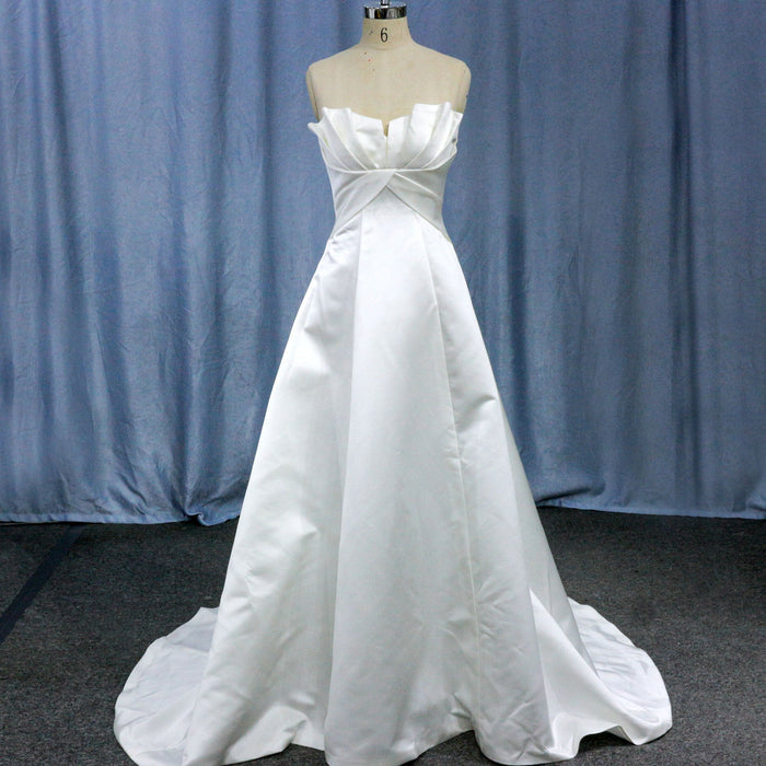 Strapless Unique A Line Asymmetrical Neckline Satin Wedding Dress - Rosymae