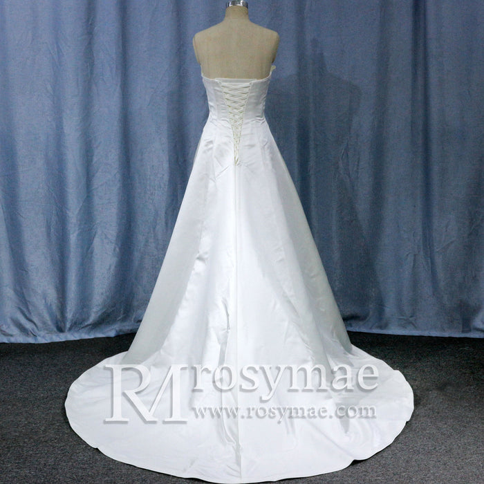 Strapless Unique A Line Asymmetrical Neckline Satin Wedding Dress - Rosymae
