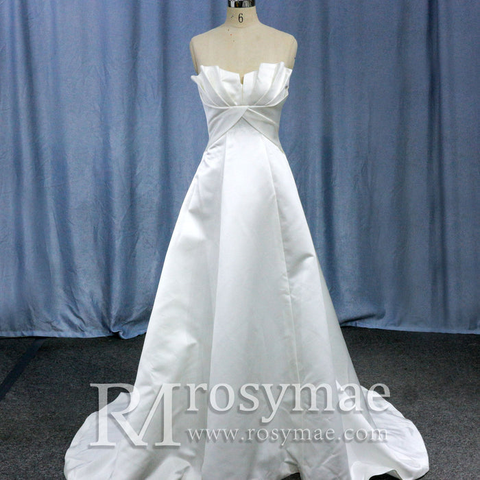 Strapless Unique A Line Asymmetrical Neckline Satin Wedding Dress - Rosymae