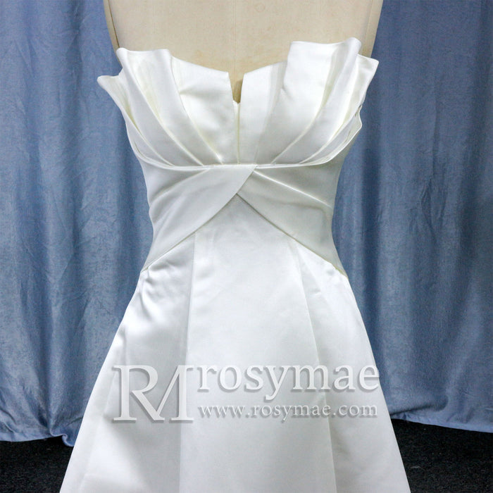 Strapless Unique A Line Asymmetrical Neckline Satin Wedding Dress - Rosymae