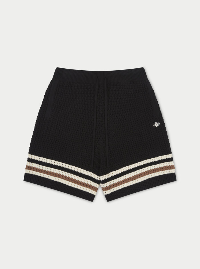 STRIPE TRIM CROCHET KNITTED SHORTS - BLACK