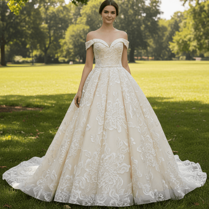 Stylish Off The Shoulder Champagne Wedding Dresses For Brides - Rosymae