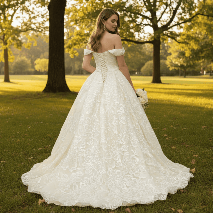 Stylish Off The Shoulder Champagne Wedding Dresses For Brides - Rosymae
