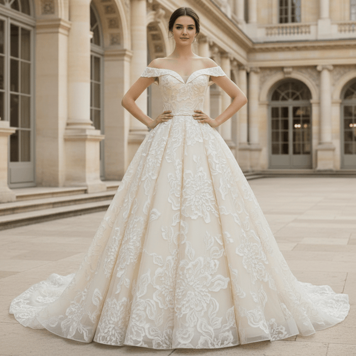 Stylish Off The Shoulder Champagne Wedding Dresses For Brides - Rosymae