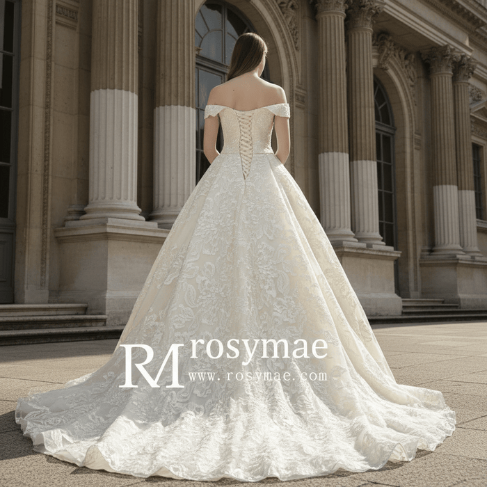 Stylish Off The Shoulder Champagne Wedding Dresses For Brides - Rosymae