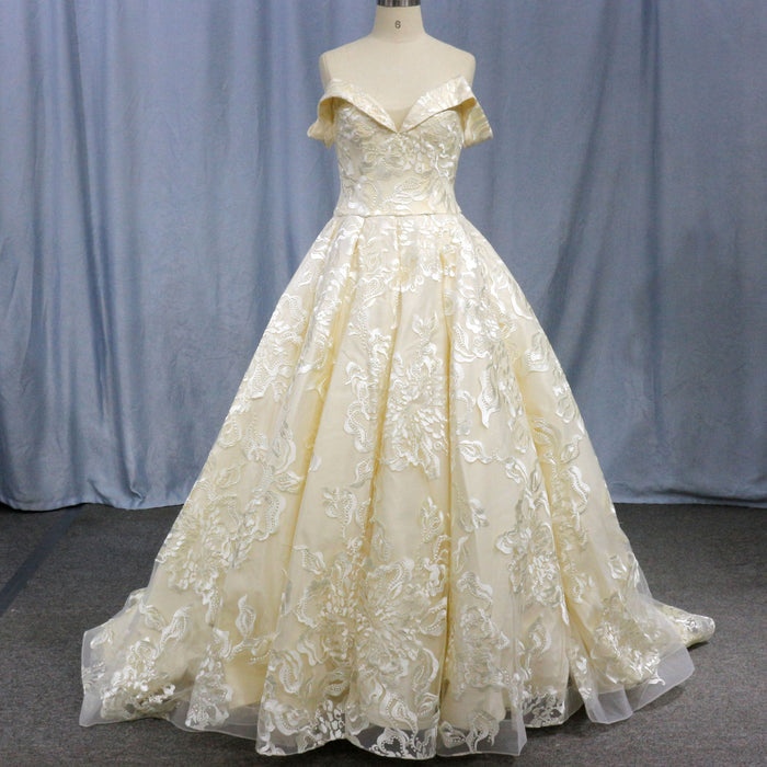 Stylish Off The Shoulder Champagne Wedding Dresses For Brides - Rosymae