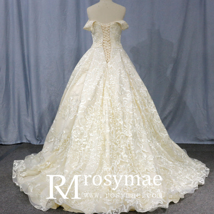 Stylish Off The Shoulder Champagne Wedding Dresses For Brides - Rosymae