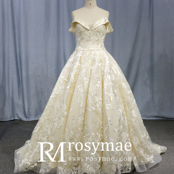 Stylish Off The Shoulder Champagne Wedding Dresses For Brides - Rosymae