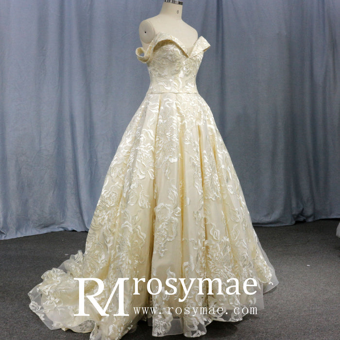 Stylish Off The Shoulder Champagne Wedding Dresses For Brides - Rosymae