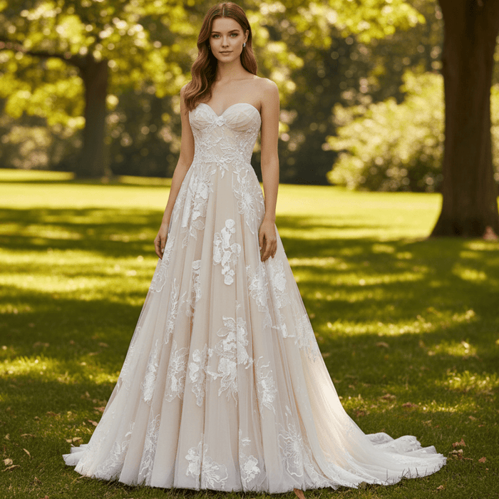 Sweetheart A Line Bridal Wedding Dress with Floral Lace Appliqués - Rosymae