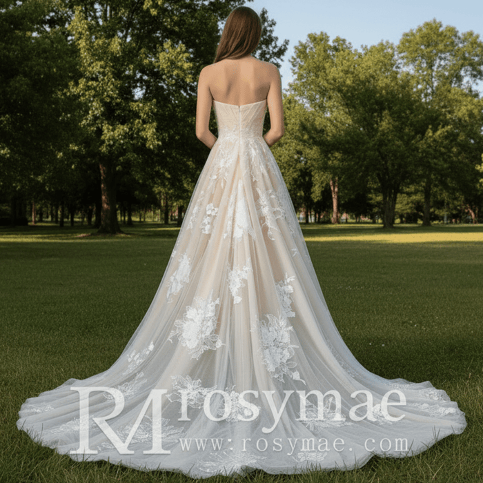 Sweetheart A Line Bridal Wedding Dress with Floral Lace Appliqués - Rosymae