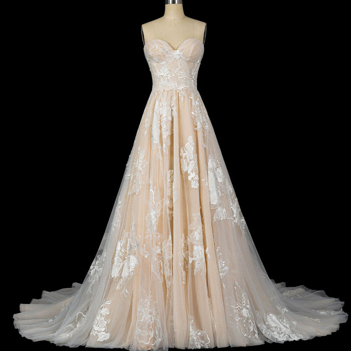 Sweetheart A Line Bridal Wedding Dress with Floral Lace Appliqués - Rosymae