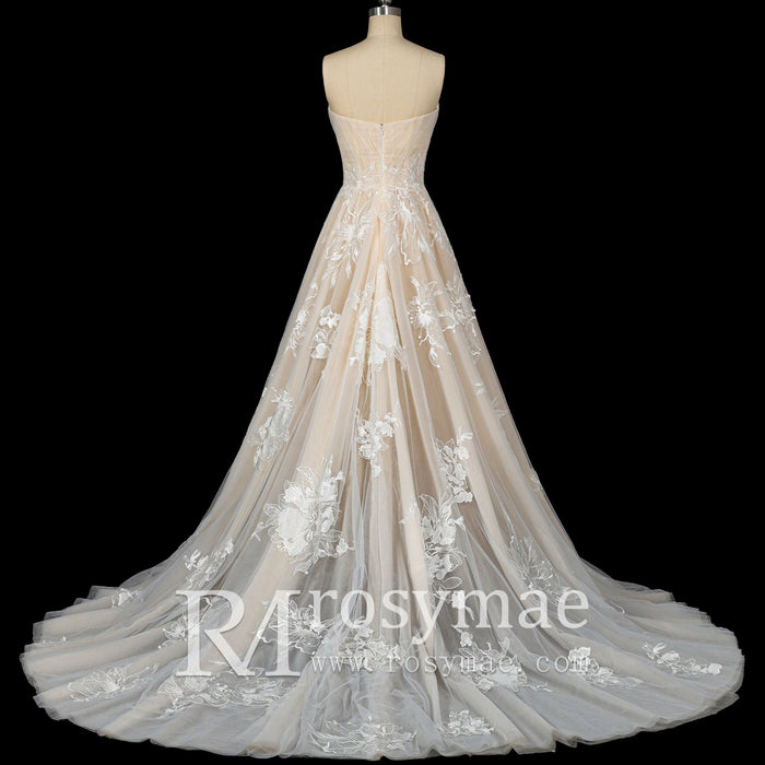 Sweetheart A Line Bridal Wedding Dress with Floral Lace Appliqués - Rosymae