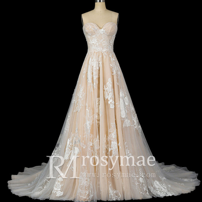 Sweetheart A Line Bridal Wedding Dress with Floral Lace Appliqués - Rosymae