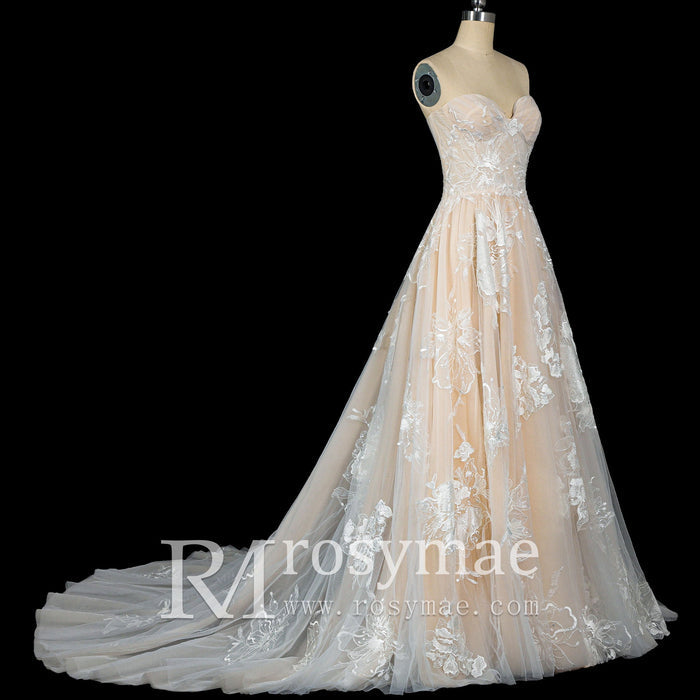 Sweetheart A Line Bridal Wedding Dress with Floral Lace Appliqués - Rosymae
