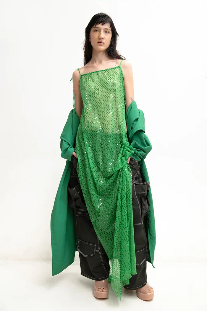 MANCANDY Green Tail Trench in water-repellent nylon featuring a signature tail-back construction, oversized silhouette and adjustable belt.