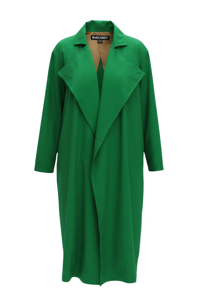 MANCANDY Green Tail Trench in water-repellent nylon featuring a signature tail-back construction, oversized silhouette and adjustable belt.