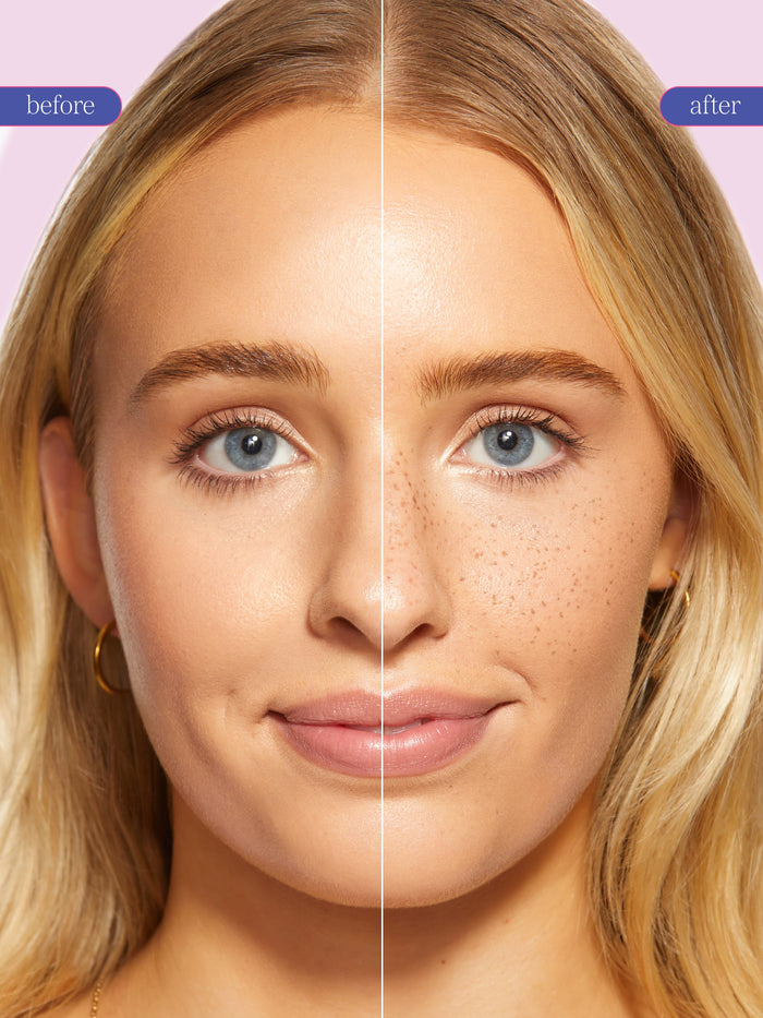 Close-up before-and-after split-screen comparison of a woman's face, showing makeup application of tarte cosmetics x roller rabbit collaboration tarte go with the faux freckle stamp with limited edition cap