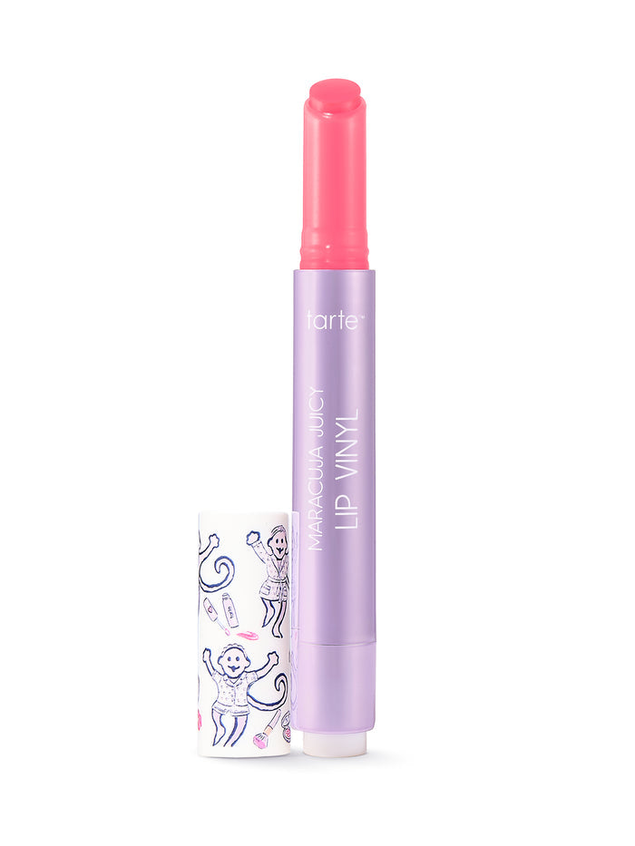 Tarte  maracuja juicy Lip Viny in shade sheer petal with limited edition tarte cosmetics x roller rabbit collaboration cap