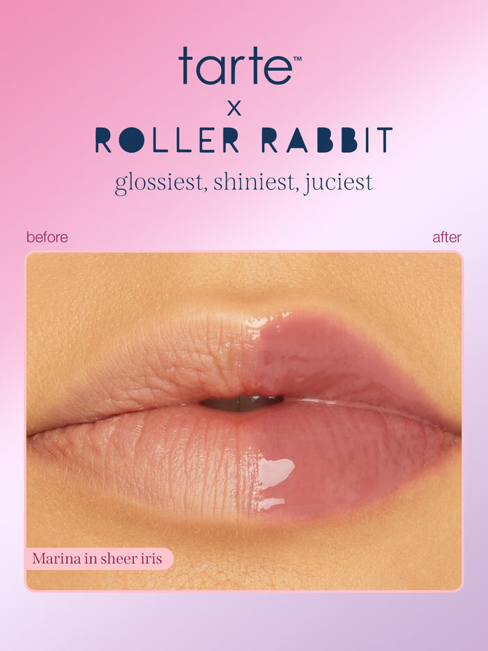 Tarte x Roller Rabbit before and after lip gloss comparison on a pink gradient background. The 'before' side shows matte lips, and the 'after' side shows glossy, shiny lips.