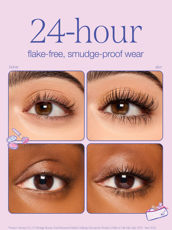 A promotional graphic for 24-hour flake-free, smudge-proof tarte cosmetics x roller rabbit collaboration tartelette tubing mascara with limited edition cap. before-and-after eye photos showing long, curled eyelashes on two different skin tones.
