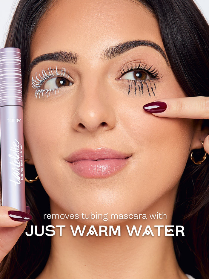 Before and after comparison of eye makeup application with text indicating product effectiveness.