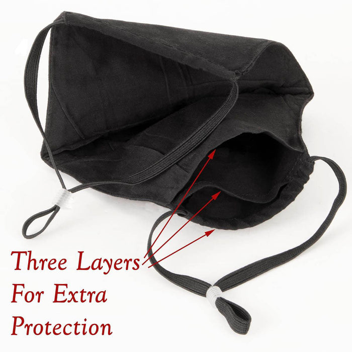 Black Cotton Face Mask has adjustable straps and 3 layers with a pocket for disposable filter