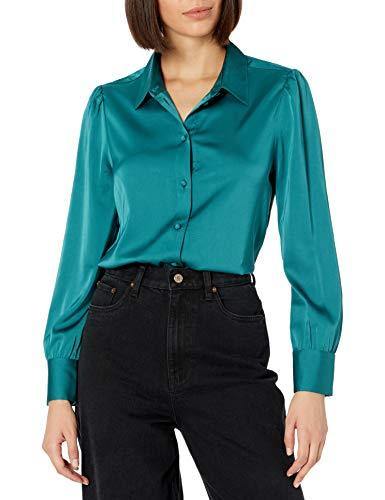 The Drop Women's @lucyswhims Long Sleeve Button Down Stretch Satin Shirt, Pacific Teal, XXS - foxberryparkproducts