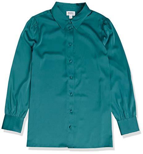 The Drop Women's @lucyswhims Long Sleeve Button Down Stretch Satin Shirt, Pacific Teal, XXS - foxberryparkproducts