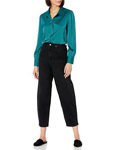The Drop Women's @lucyswhims Long Sleeve Button Down Stretch Satin Shirt, Pacific Teal, XXS - foxberryparkproducts