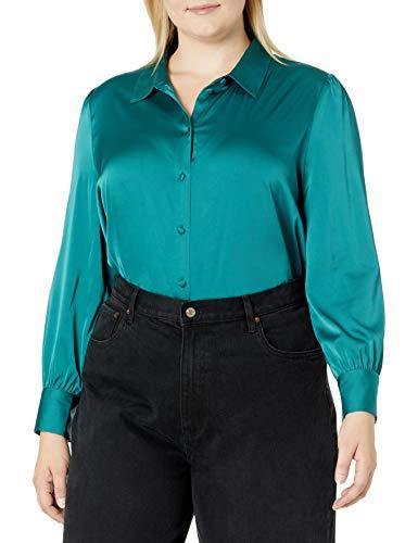 The Drop Women's @lucyswhims Long Sleeve Button Down Stretch Satin Shirt, Pacific Teal, XXS - foxberryparkproducts