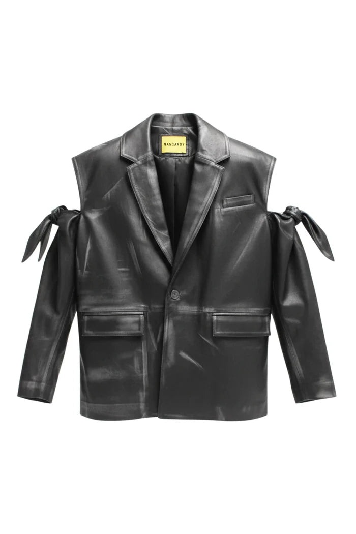 MANCANDY Tied Leather Blazer in hand-finished leather with tie sleeve details