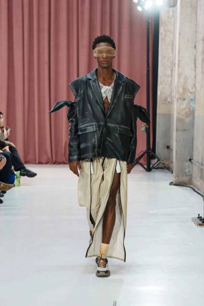 MANCANDY Tied Leather Blazer in hand-finished leather with tie sleeve details