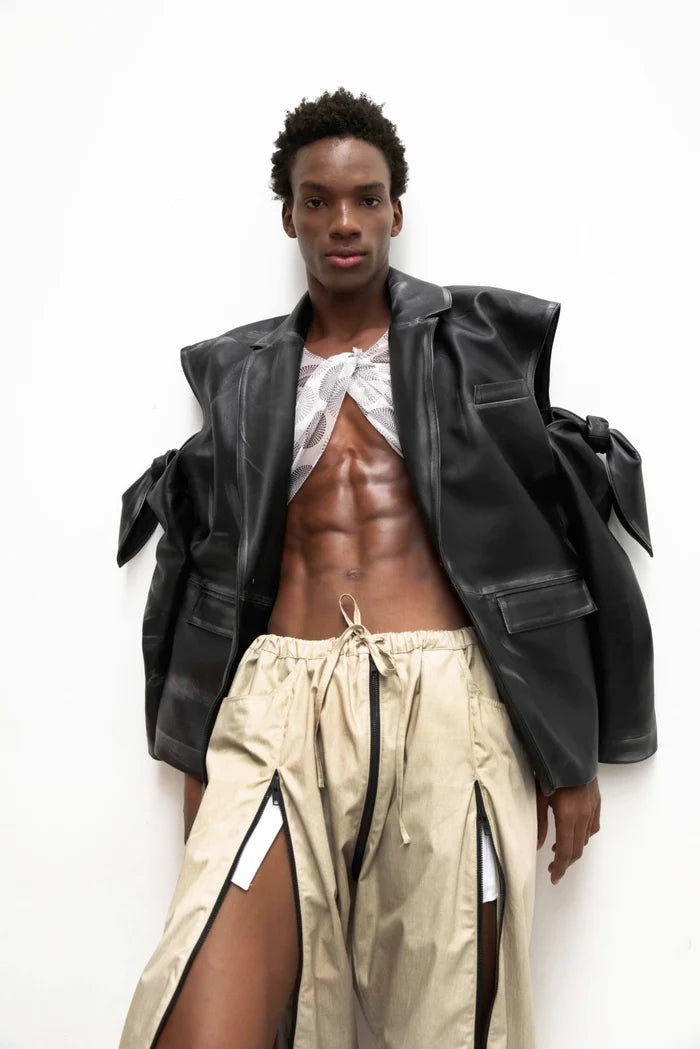 MANCANDY Tied Leather Blazer in hand-finished leather with tie sleeve details