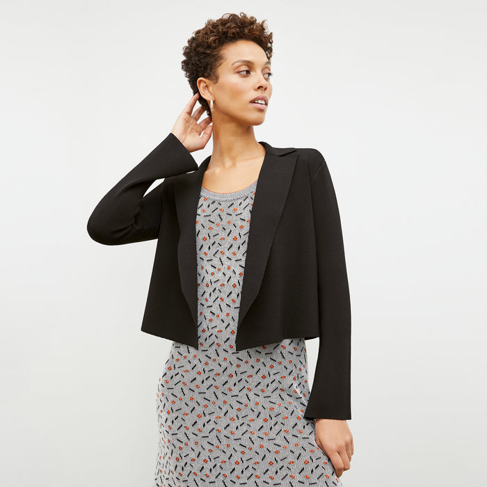 Front image of a woman wearing the Tippy Dress in Brick and Black