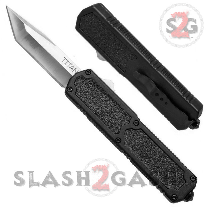 Titan OTF Dual Action Black Automatic Knife Tanto Satin Plain