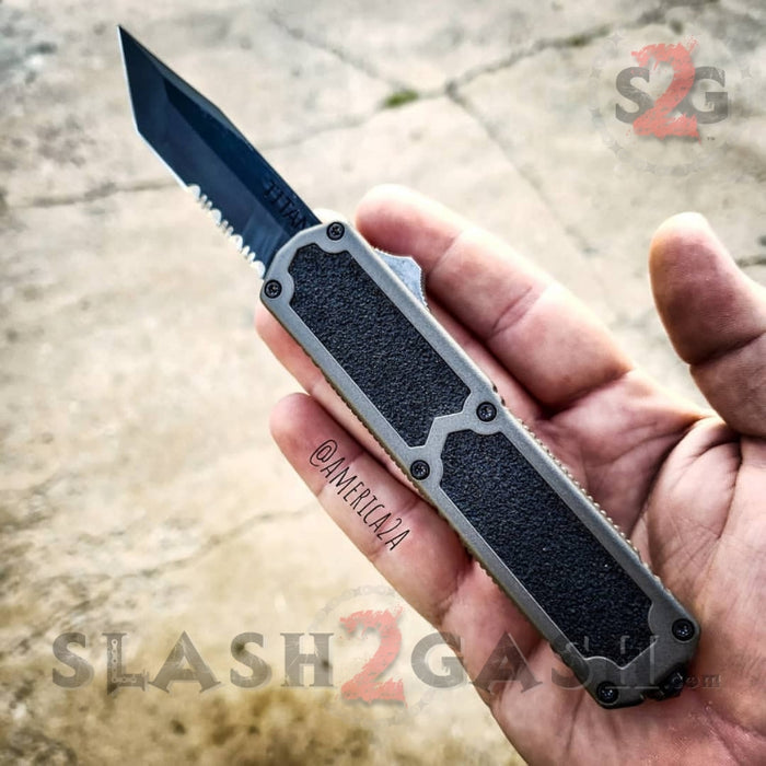 Titan OTF Dual Action Grey Tactical Automatic Knife Tanto Serrated