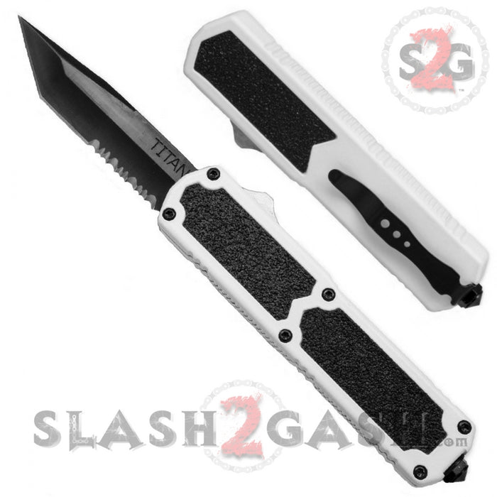 Titan OTF Dual Action White Tactical Automatic Knife Tanto Serrated