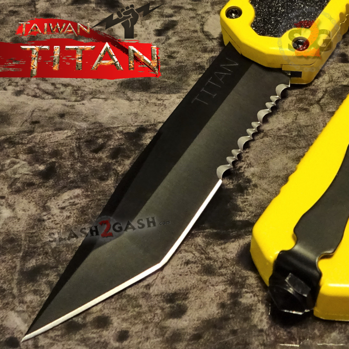 Yellow Titan OTF Knife Automatic Switchblade Black Tanto Serrated Taiwan Knives Out The Front