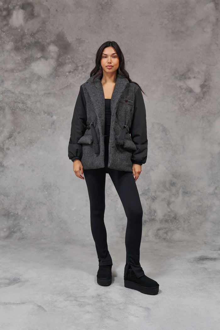 TONAL CHECK PADDED BLAZER COAT - BLACK