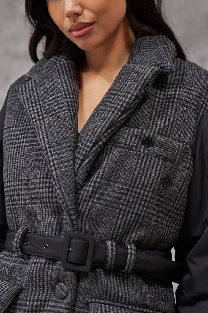 TONAL CHECK PADDED BLAZER COAT - BLACK
