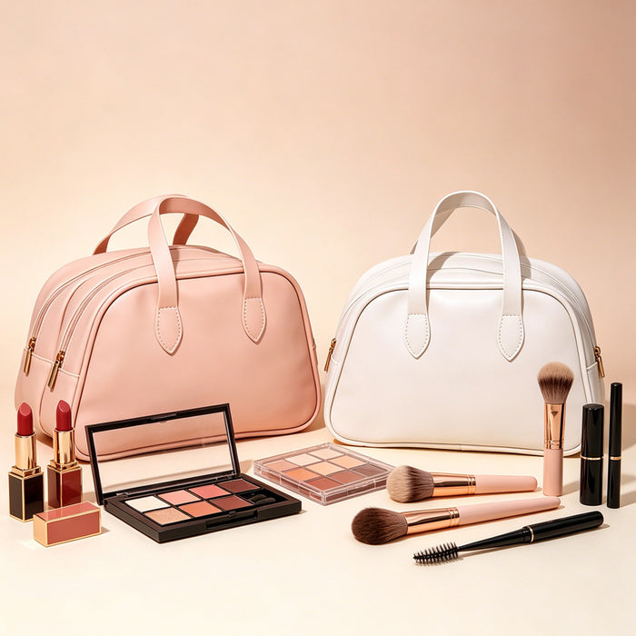 Waterproof cosmetic pouch shown with zipper closure and travel storage design, displayed clearly for outfit reference online.