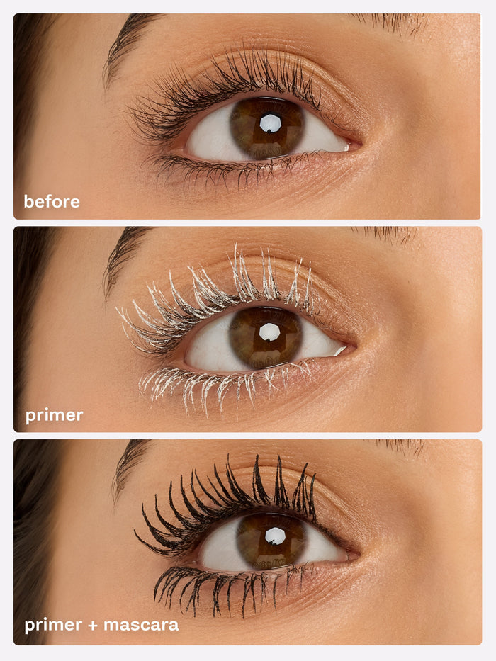Advertisement for mascara and primer showing a close-up of a woman's face with text about product performance.