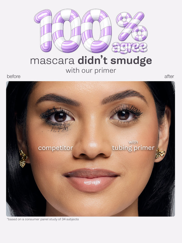 Tartelette mascara tube with product features on a gray background