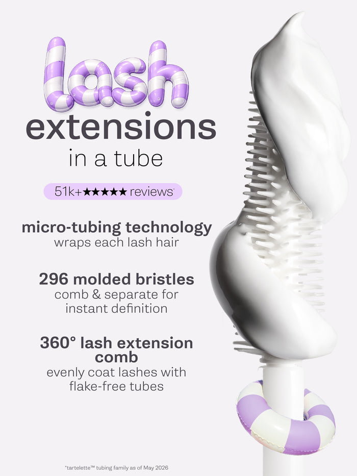 Full-size and travel-size mascara bottles with lashes on a gray background