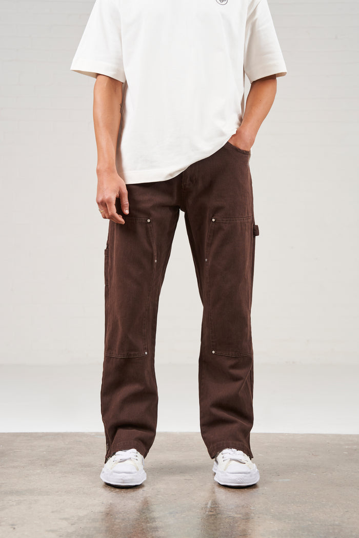 TWILL RIVET DETAIL CARPENTER PANT - DARK BROWN