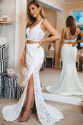 Two Piece Mermaid Backless Long Prom Dress with Slit