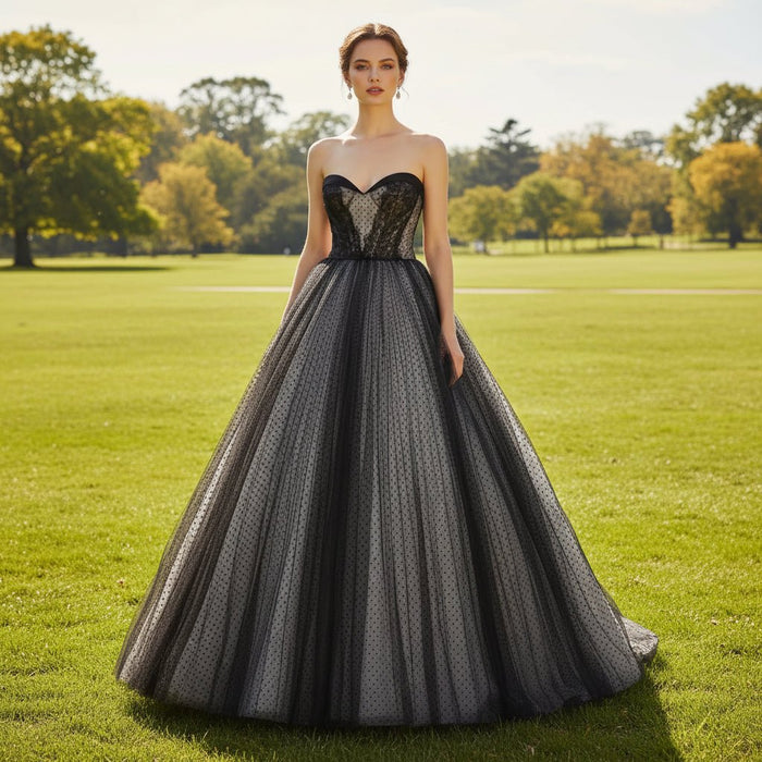 Unique Black Mesh Wedding Dress with Detachable Train - Rosymae