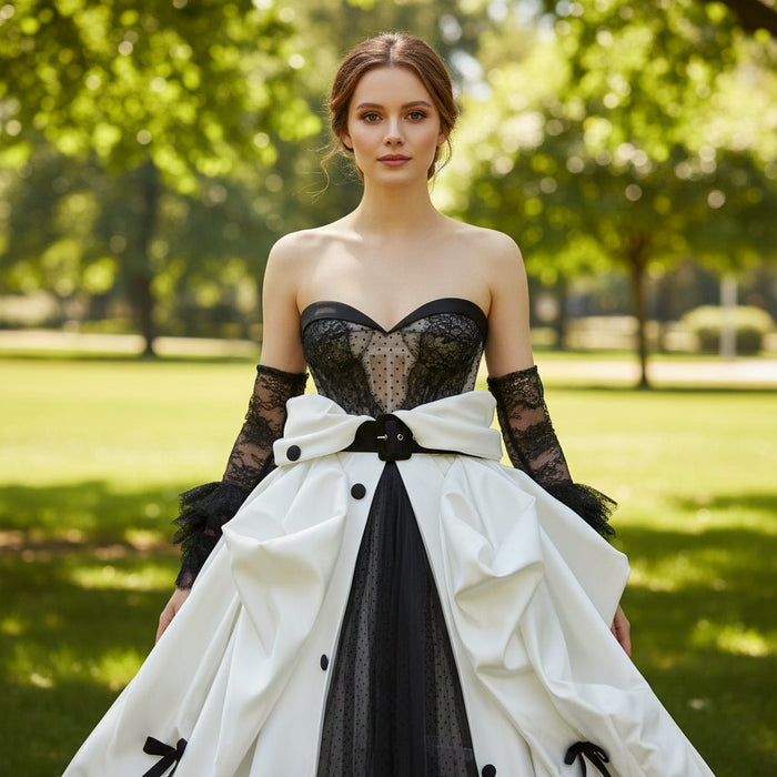 Unique Black Mesh Wedding Dress with Detachable Train - Rosymae