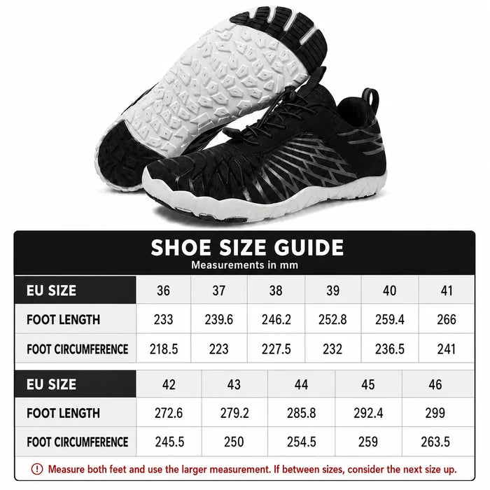 Unisex slip-on hiking shoes in black with a professional EU 36 to 46 size guide for easier measurement comparison for buyers.